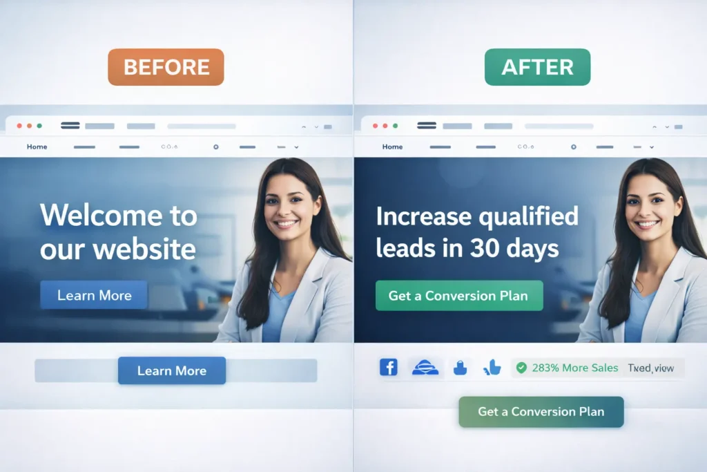 Before and after hero section showing stronger headline, proof bar, and single CTA to fix website looks professional but no leads