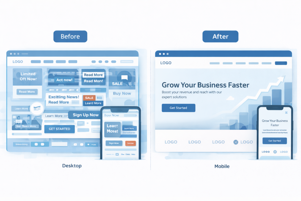 Before and after hero comparison showing cluttered design versus a simplified layout with one clear call-to-action on desktop and mobile.