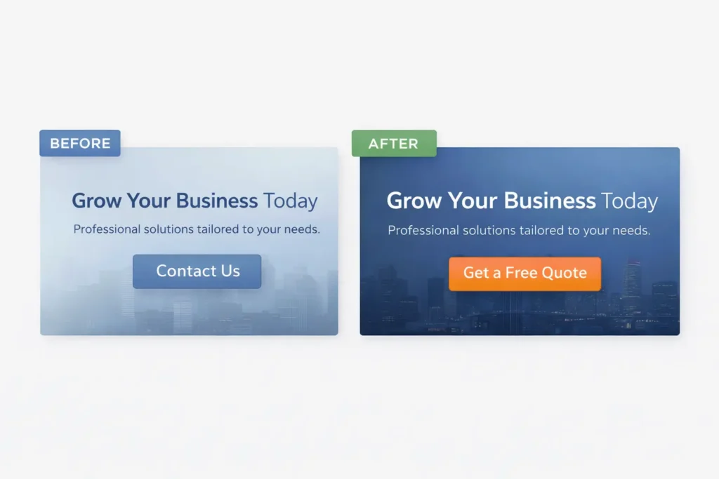 Before-and-after homepage hero comparison showing stronger contrast and a clearer call-to-action button for improved visibility.