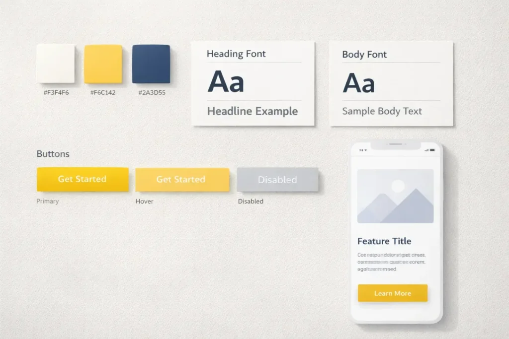 Flat-lay brand style tile with color palette swatches, heading and body font pairings, button variants, and a mobile card design on a neutral background.