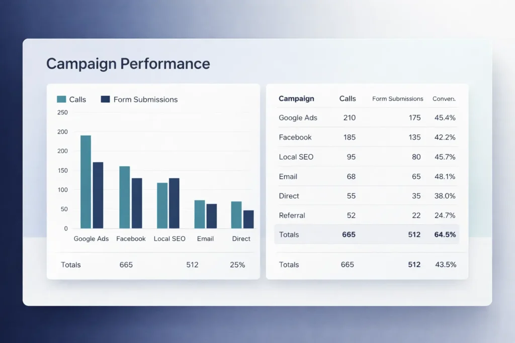 analytics dashboard showing calls and form submissions by campaign