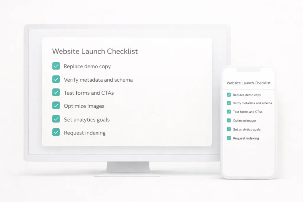 website launch checklist for small business web templates shown on desktop screen with matching mobile preview and teal checkmarks