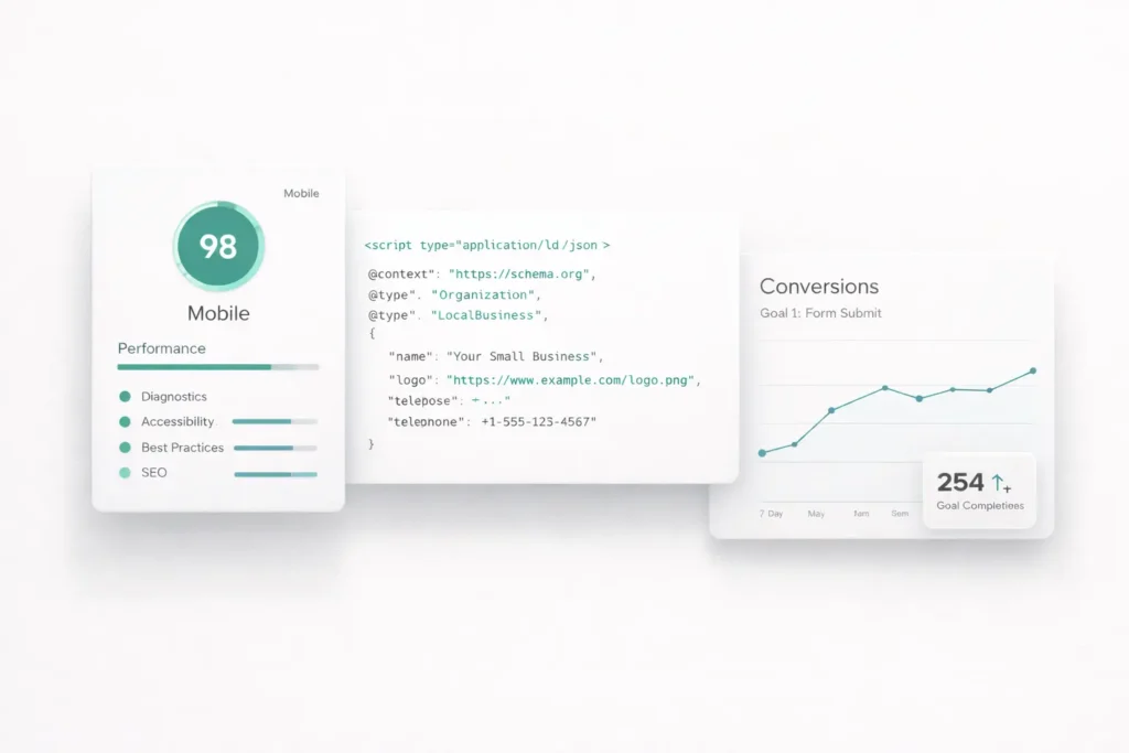 small business web templates performance composite showing PageSpeed score, schema JSON-LD snippet, and analytics conversions chart on a light background