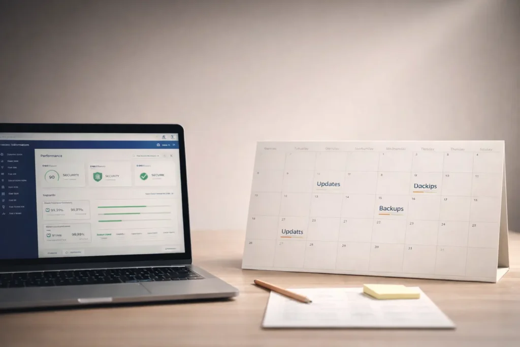 Modern desk with laptop and clean calendar showing recurring website maintenance events—Updates, Backups, Audits—in soft daylight.