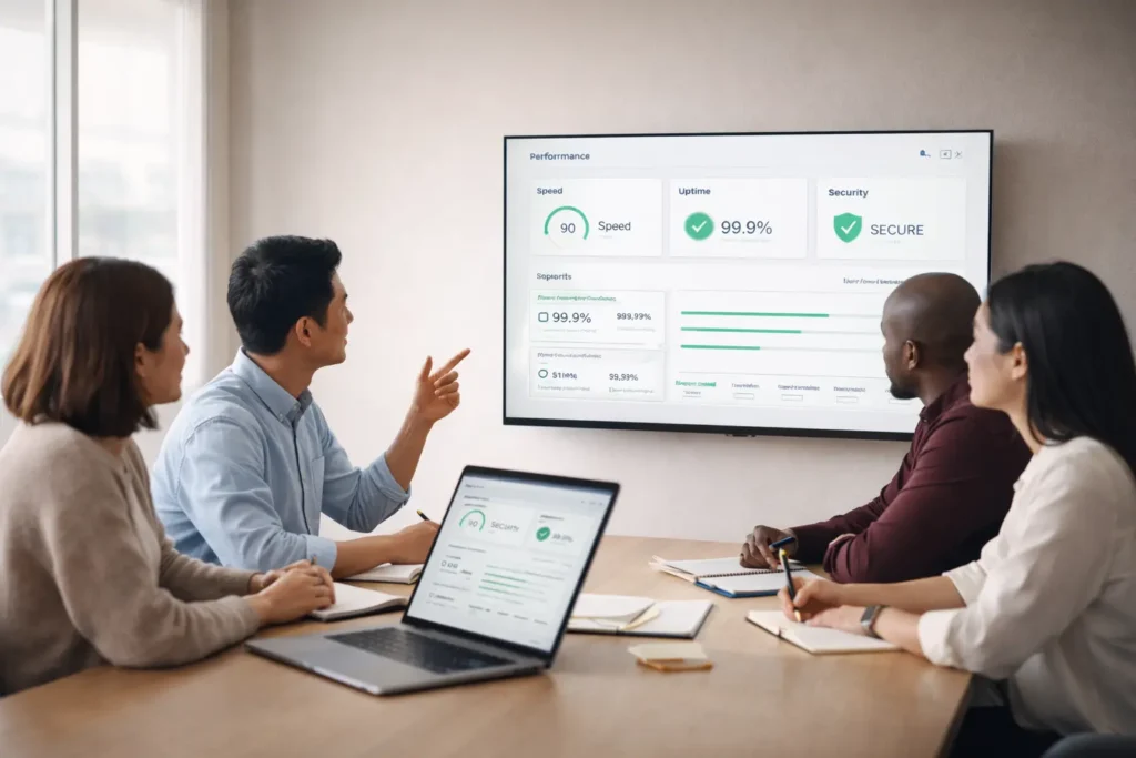 Team reviewing a website dashboard with speed, uptime 99.9%, and security widgets in a bright modern meeting room.