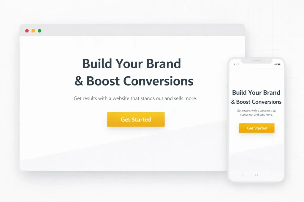 Clean hero section mockup for web design branding tips showing bold headline, concise subcopy, and a single primary CTA in consistent brand colors on desktop and mobile.