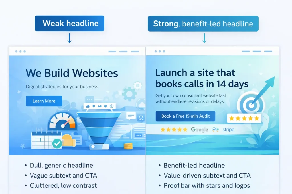 Why my website is not converting: weak headline vs strong benefit-led hero with clear CTA and proof bar.