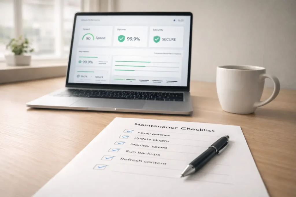 Small business website maintenance checklist beside a laptop showing speed, uptime, and security metrics.
