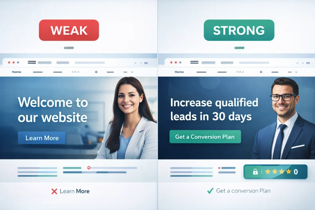 Hero comparison showing weak vs strong value proposition, website looks professional but no leads, clear CTA boosting conversions