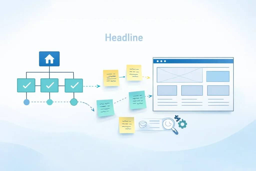 Hero banner illustrating web design content strategy with a sitemap flowing via sticky notes and arrows into a webpage wireframe.