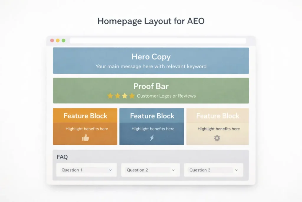 Diagram of homepage layout for answer engine optimization showing hero copy, proof bar, feature blocks, and FAQ placement.