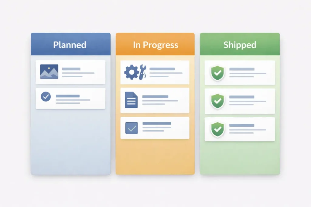 Kanban board with Planned, In Progress, and Shipped columns showing task cards in each stage.