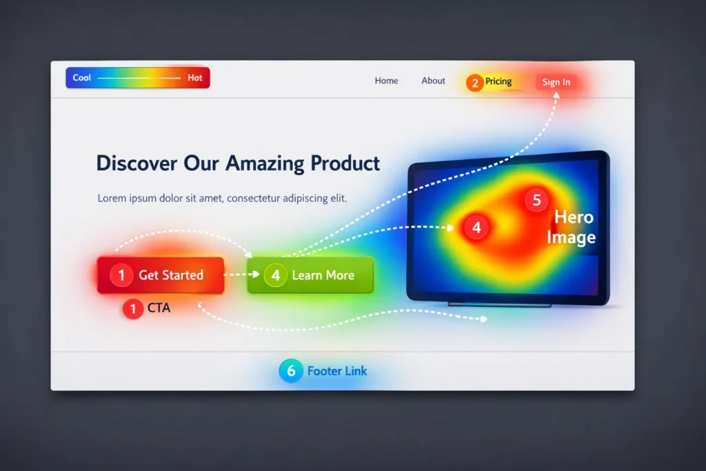 Heatmap of a website hero showing highest attention on CTA buttons, pricing, and hero image with numbered scannable hotspots.