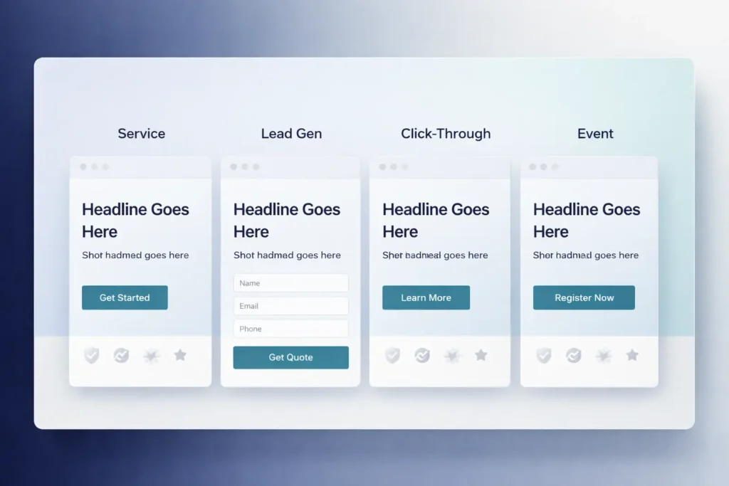 side-by-side landing page types: service, lead gen, click-through, and event