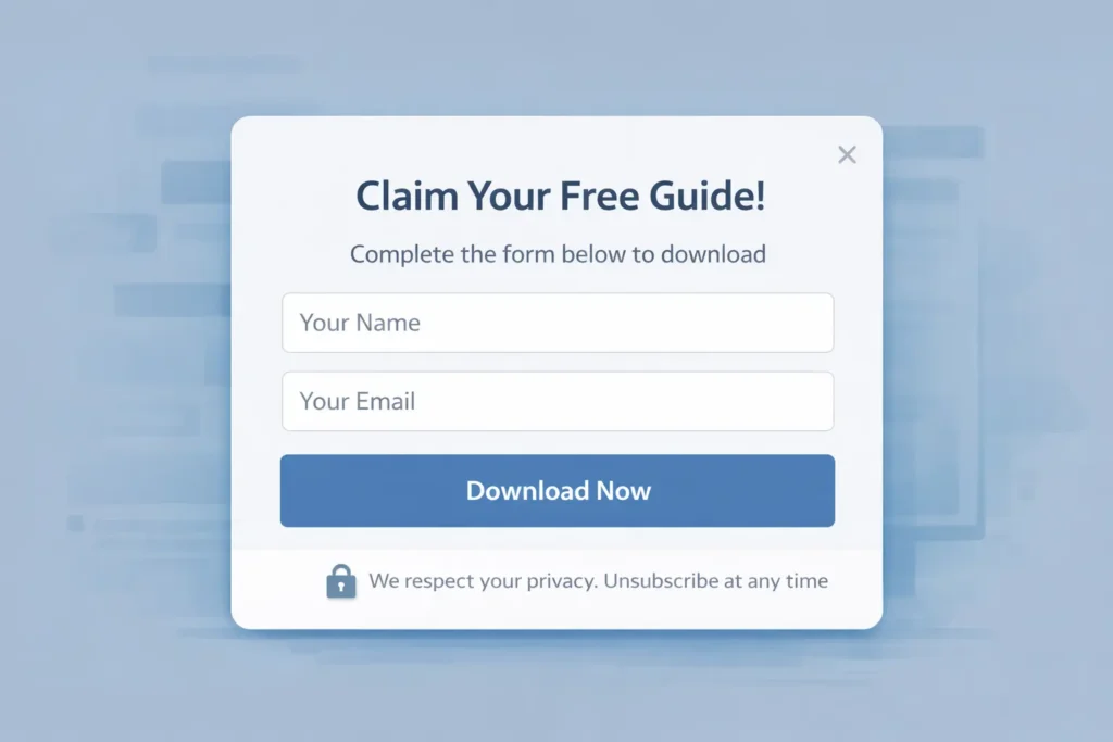 Lead magnet modal with two input fields for name and email, a Download Now button, and a small privacy reassurance note with a padlock icon.