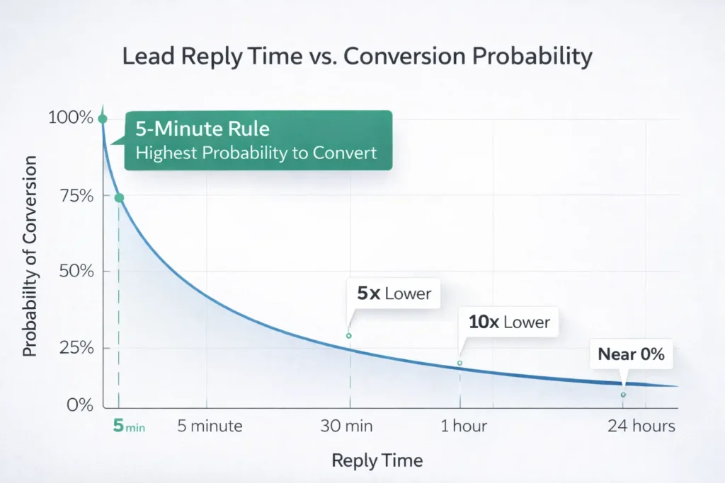 Chart showing response time vs conversion probability with the 5-minute rule highlighted; faster replies drive more leads