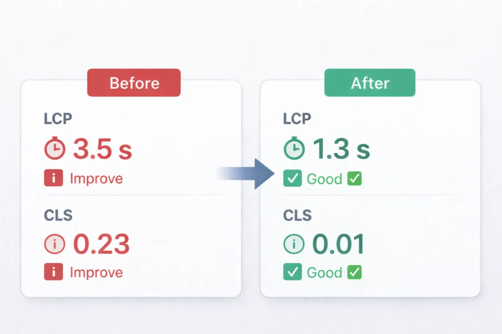 Local SEO web design tips visual showing a before-and-after speed test with improved LCP and CLS after image compression and script deferrals