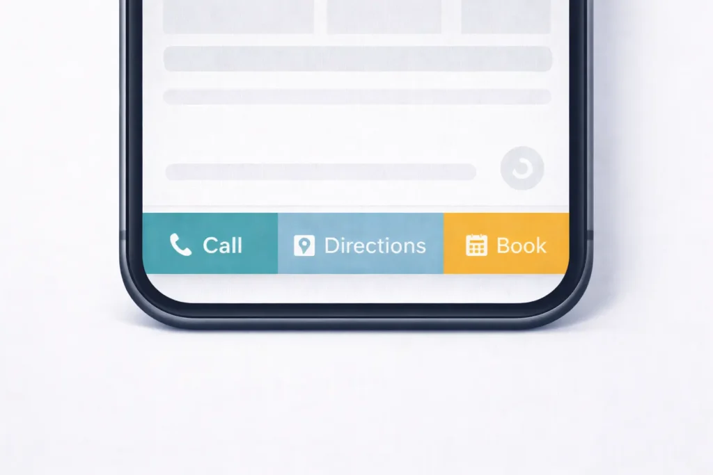 Local SEO web design tips example showing a sticky mobile footer with Call, Directions, and Book buttons on a smartphone