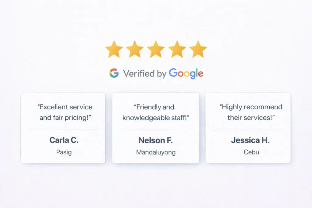 Local SEO web design tips trust section with five star ratings, Verified by Google badge, and three short testimonials showing customer names and city