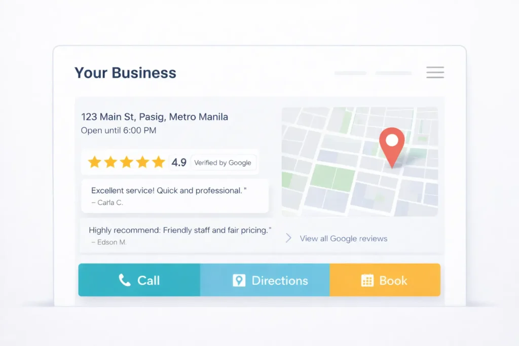Local SEO web design tips shown on a small business website mockup with store locator map, customer reviews, and a sticky call button