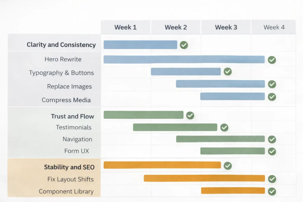Four-week Gantt roadmap showing tasks to fix when my website looks unprofessional: clarity, trust, stability, and SEO milestones.