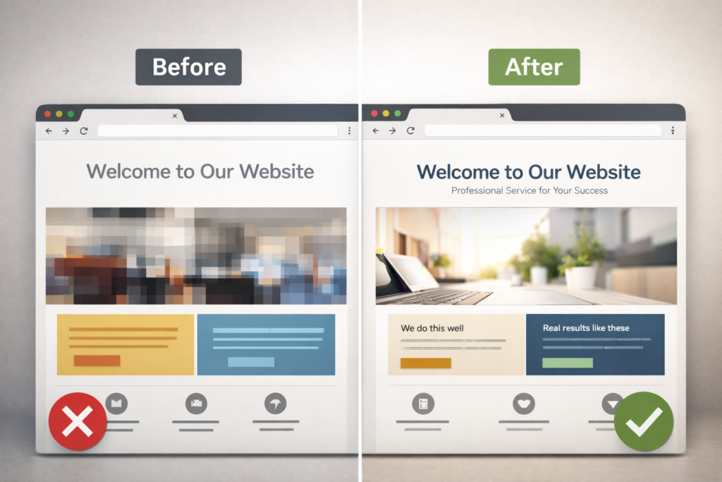 Before-and-after homepage mockup fixing issues when my website looks unprofessional—cleaner typography, spacing, and colors.