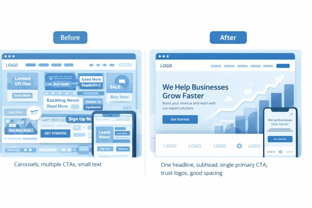 Above-the-fold hero comparison showing cluttered vs focused design with one clear CTA—practical fix to reduce people leaving my website.