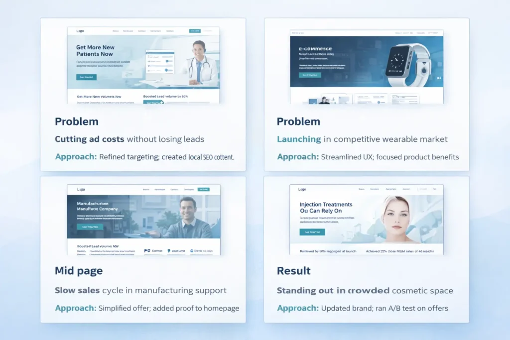 Portfolio grid showing four case studies with Problem, Approach, and Result captions—visual proof of web design content stragey outcomes.