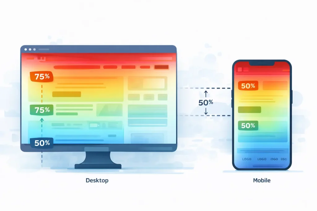 Heatmap and scroll map showing early drop-offs on desktop and mobile pages, with engagement falling from red to blue around the 75% and 50% depths.