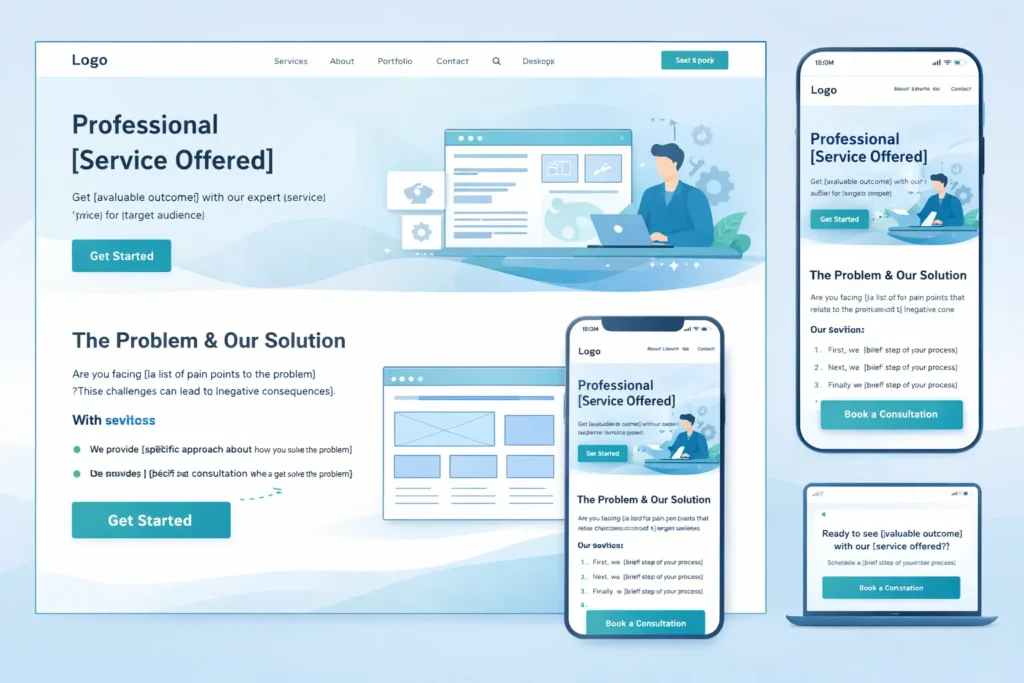 Screenshot collage showing web design content stragey on a service page: hero section, Problem–Solution block, and CTA module across desktop and mobile.