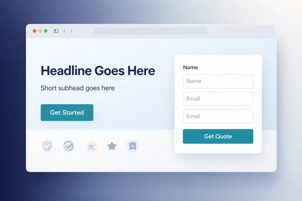browser mockup of a landing page hero with headline, trust badges, and a short form