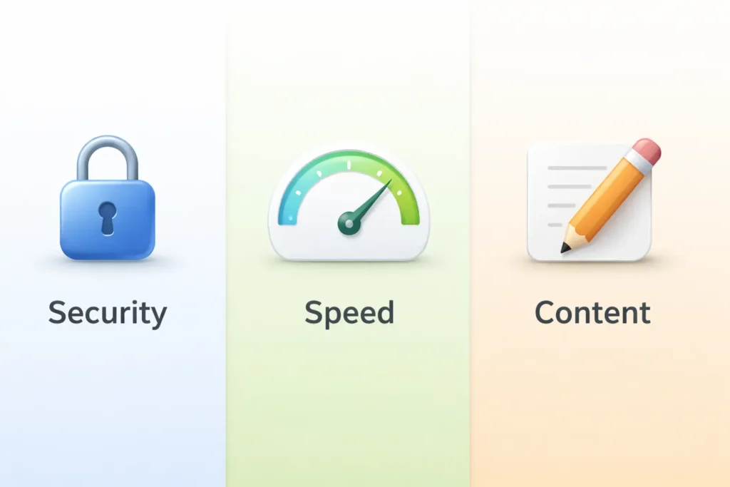 Split view with padlock for Security, speedometer for Speed, and pencil for Content.