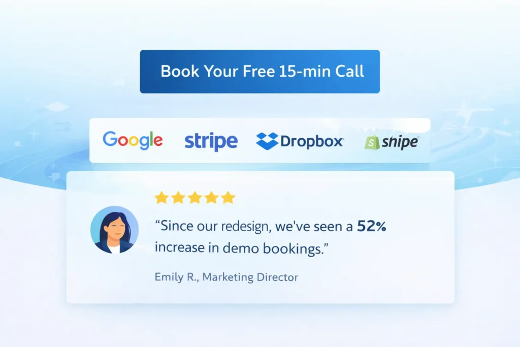 Why my website is not converting: client logos and 5-star testimonial placed directly under main CTA to build trust.