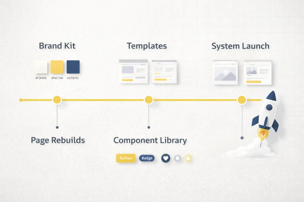 Timeline graphic showing milestones from brand kit to page rebuilds, component library, templates, and system launch for a branding-focused web design process.