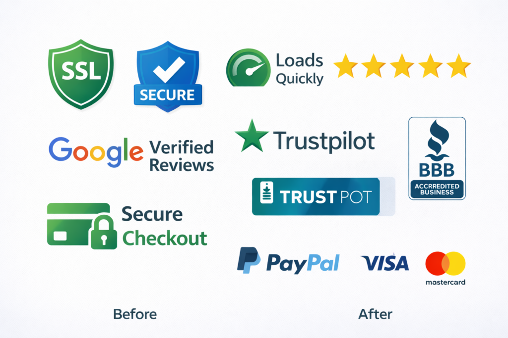 Grid of trust badges, five-star reviews, and secure payment icons arranged neatly to communicate credibility and reduce website trust issues