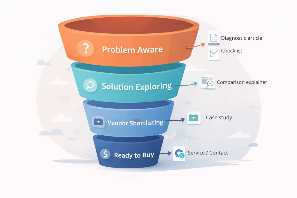 Marketing funnel from Problem Aware to Ready to Buy with mapped page types—diagnostic article, checklist, comparison explainer, case study, and service/contact—showing a web design content strategy.