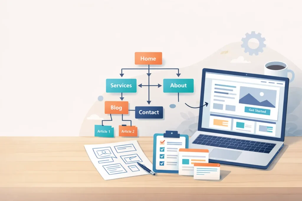 Hero image of a desk with wireframes, sitemap, and laptop mockup illustrating a web design content strategy for small businesses.