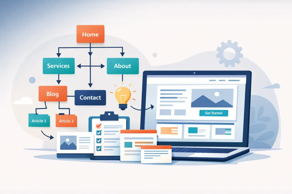Illustrated wireframe and sitemap with Home, Services, About, Blog, and Contact connected to a website mockup—visualizing a web design content strategy.