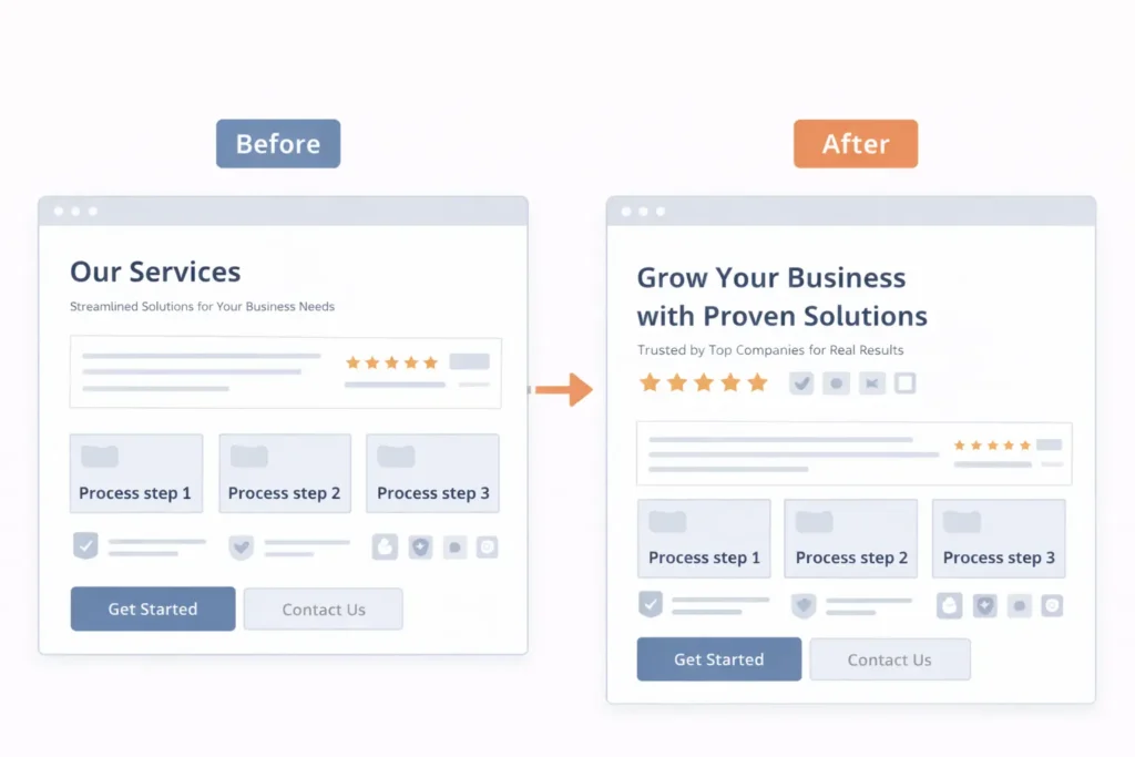 Before and after comparison of a service page showing improved headline clarity and stronger proof placement as part of a web design content strategy