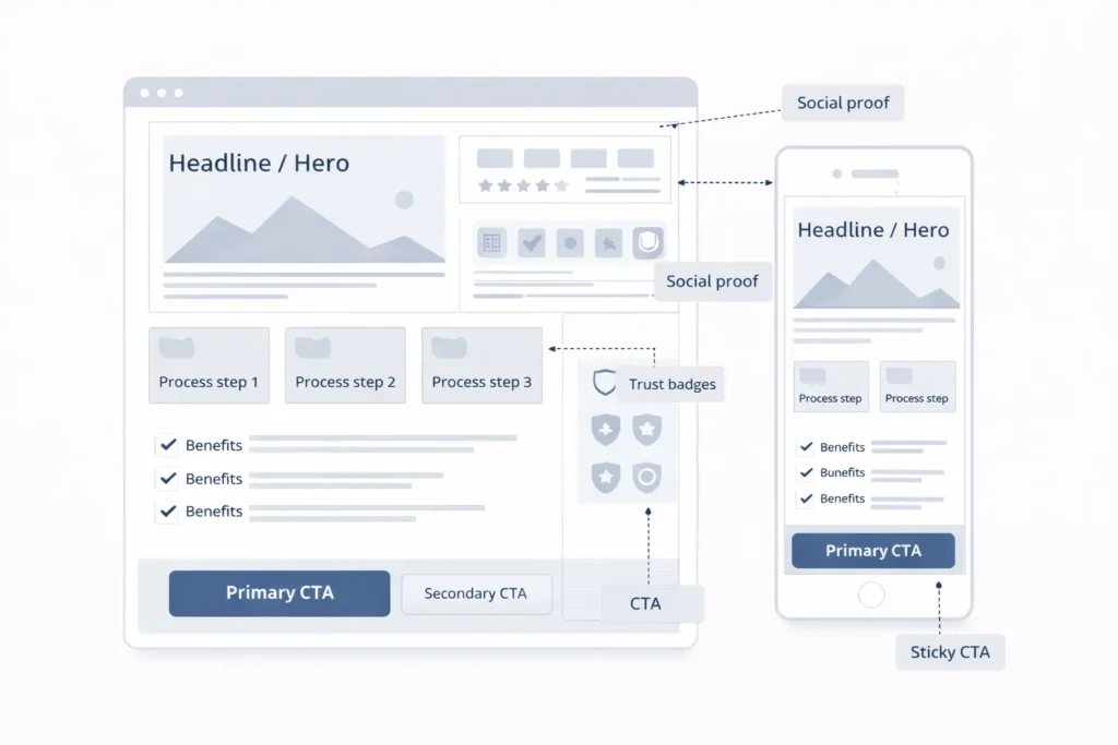 Service page wireframe with callouts for headline, proof, process steps, trust badges, and CTAs—visual guide for a web design content strategy.