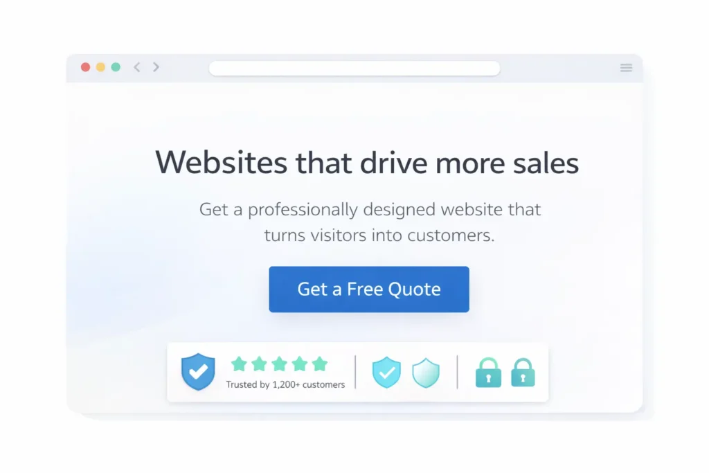 Hero mockup of a high-converting homepage above the fold with clear headline, subhead, primary CTA, trust badges — web design conversion tips