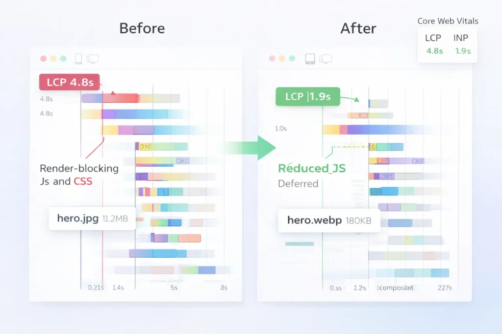 Before-and-after waterfall chart showing reduced LCP from 4.8s to 1.9s and less render-blocking JS, illustrating web design conversion tips