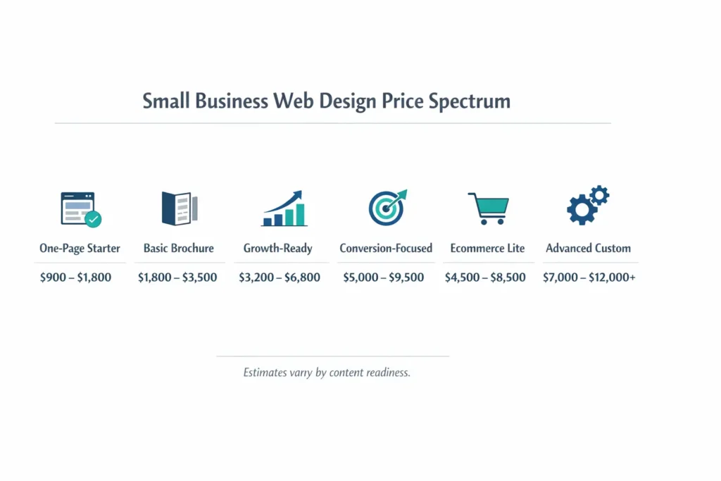 Price spectrum for web design cost small biz, showing ranges from one-page starter to advanced custom builds