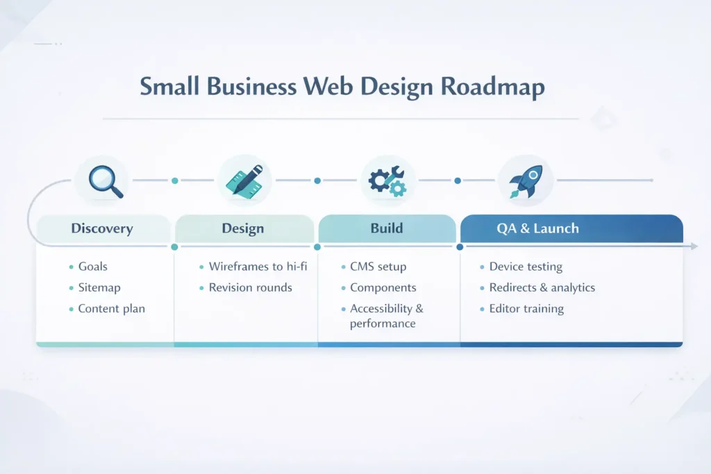 Roadmap graphic for web design cost small biz showing four phases: Discovery, Design, Build, and QA & Launch