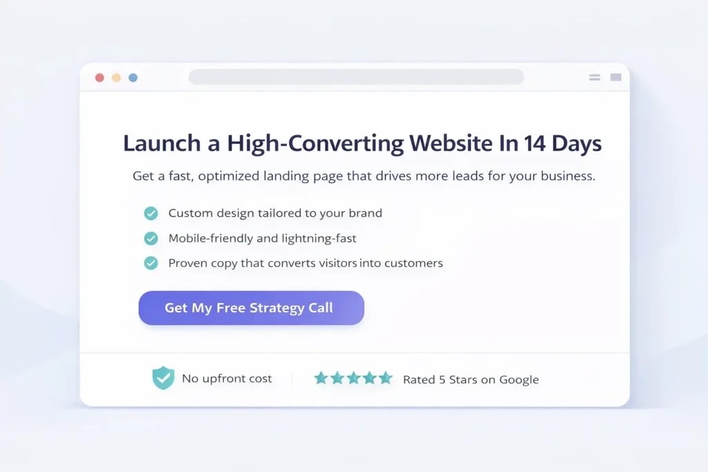 Web design landing page tips: clean hero with value proposition, bullet benefits, and single CTA button.