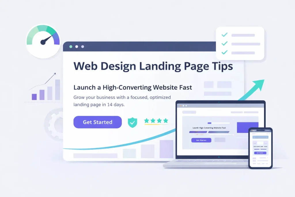 Web design landing page tips illustrated with a browser mockup, clear CTA, speed gauge, and mobile preview.