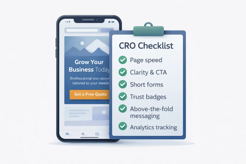CRO checklist overlay on a mobile website mockup for a web design support service, highlighting page speed, clarity and CTA, short forms, trust badges, above-the-fold messaging, and analytics tracking.