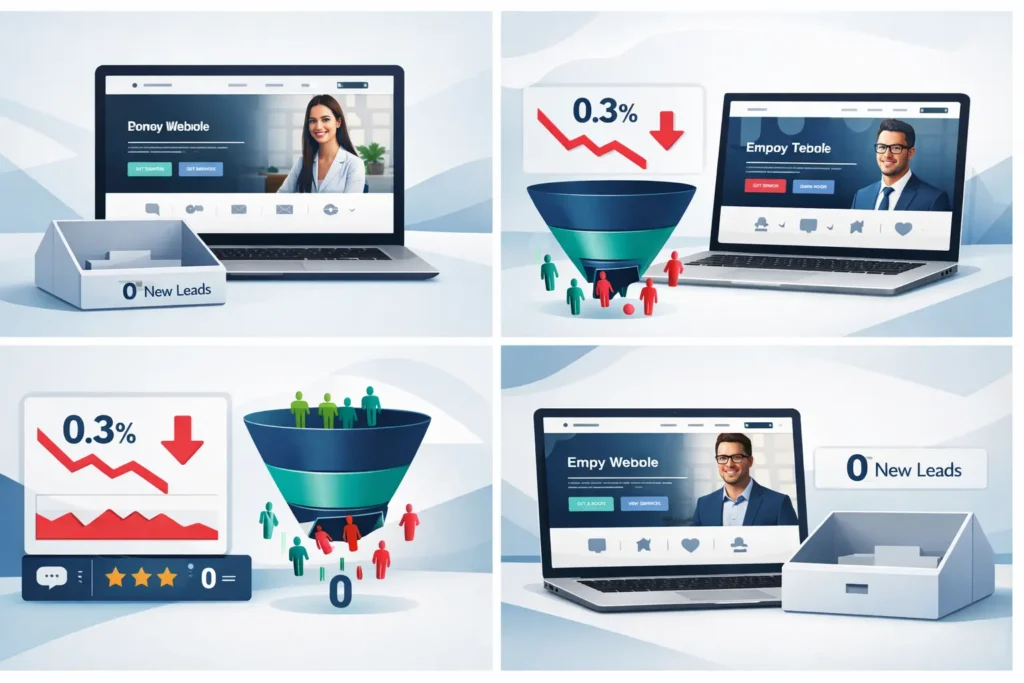 Website looks professional but no leads, empty lead tray and funnel chart showing low conversion