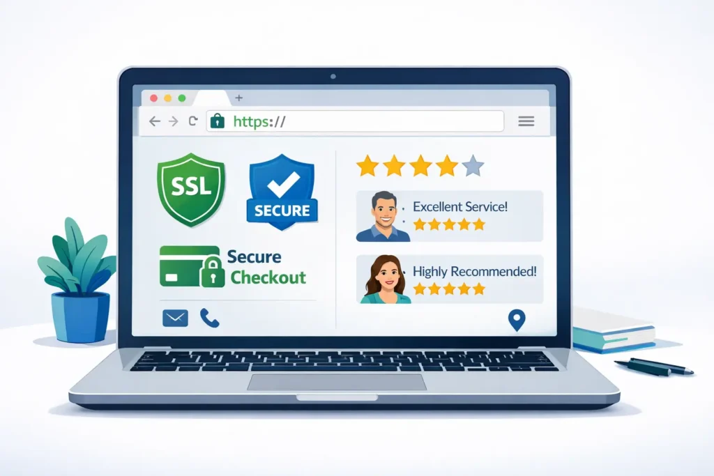 Website trust issues checklist on a laptop screen showing SSL padlock, trust badges, reviews, and clear contact details