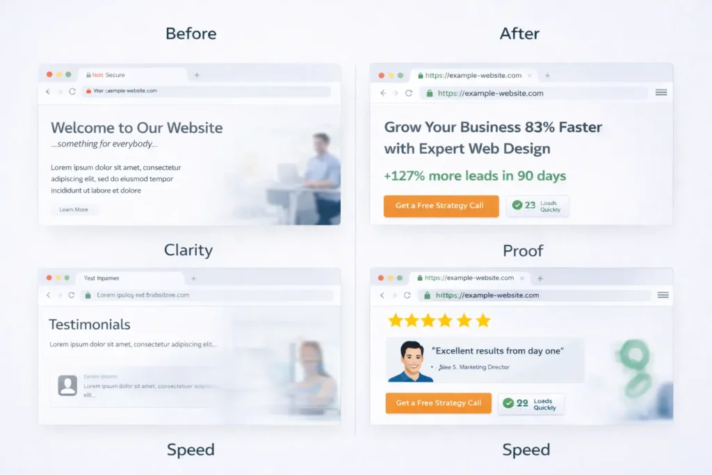 Collage of before-and-after page sections showing clarity, proof, and speed improvements to resolve website trust issues